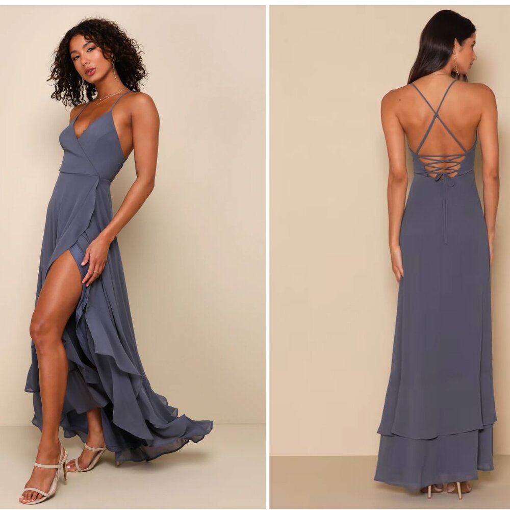 Lulus In Love Forever Granite Blue Lace-Up High-Low Maxi Dress